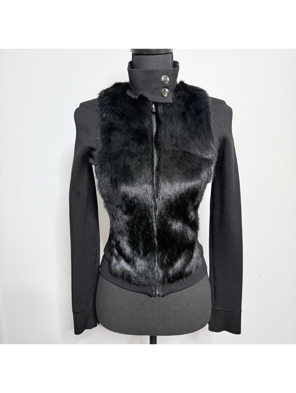 Bebe Vintage Black Real Rabbit Fur Zip Jacket Silk Knit Leather Trim Medium Y2K